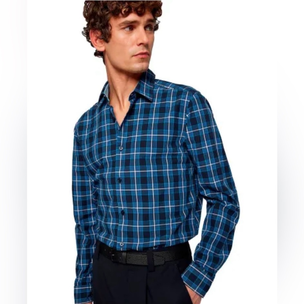 BOSS | Orange | Lukas | Men's | Navy and Teal | Plaid Shirt | Size Large